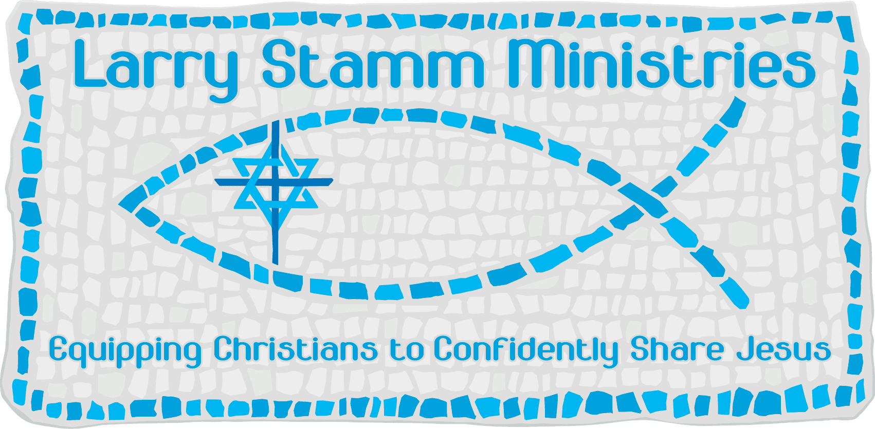 A blue and white mosaic sign.