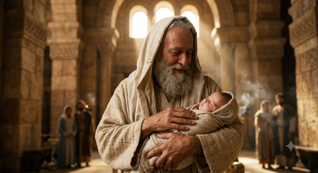 An elderly, bearded biblical man named Simeon smiling warmly and holding the infant Jesus wrapped in swaddling clothes inside an ancient stone temple.