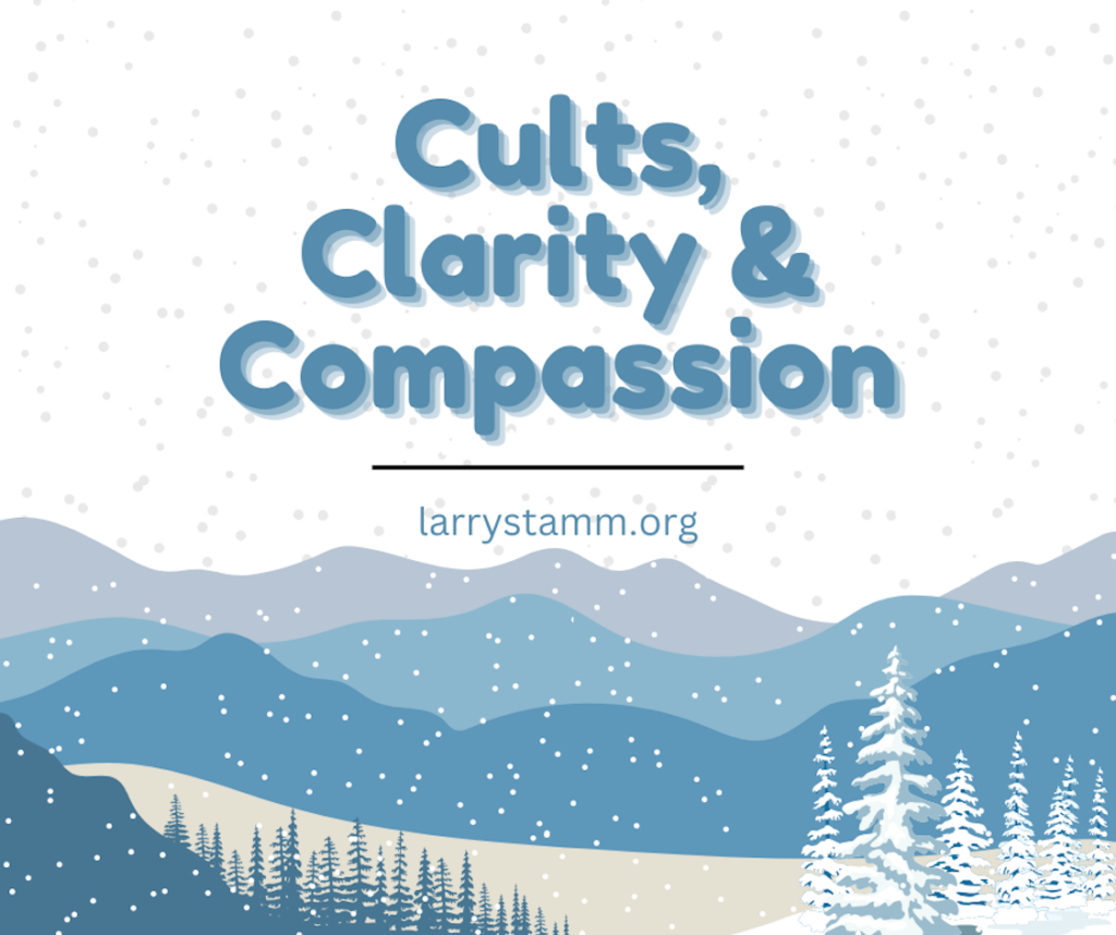 Cults, clarity, and compassion text graphic.