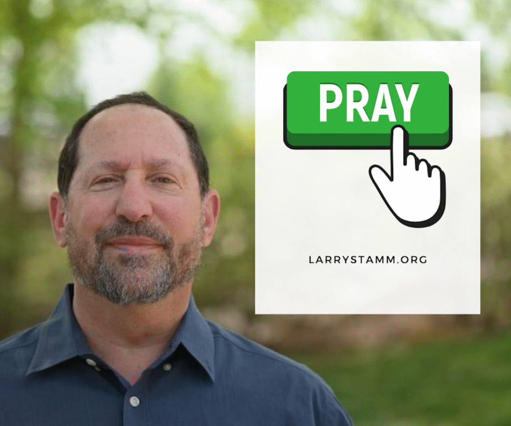 Man outdoors with "Pray" button graphic.