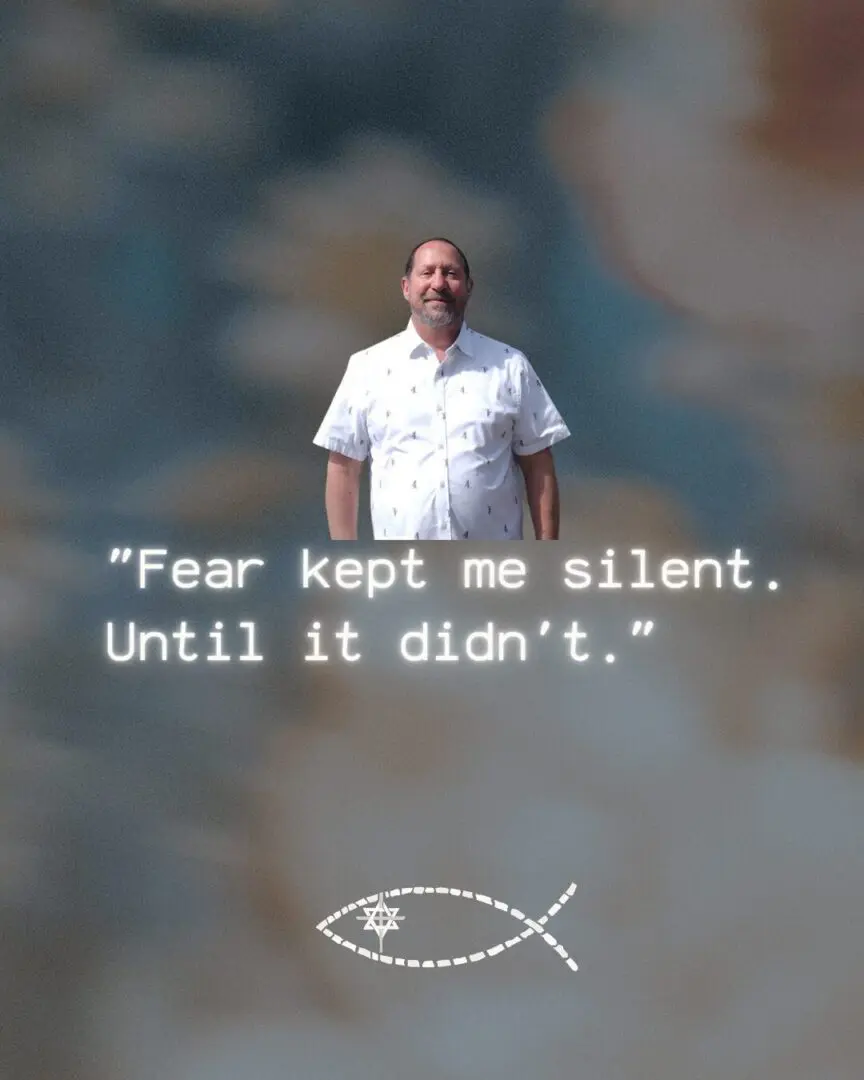 A portrait of Larry Stamm centered above the quote, "Fear kept me silent. Until it didn't." The background features a soft, textured blend of blue, brown, and gray tones. At the bottom is a white, dashed-line graphic of a fish containing a Star of David.