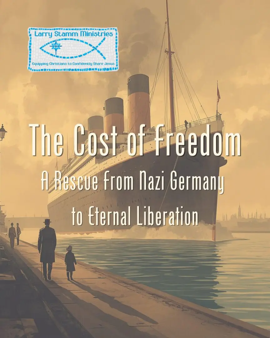 Graphic of a historic ocean liner ship at a port with a father and young child, titled The Cost of Freedom: A Rescue From Nazi Germany to Eternal Liberation.