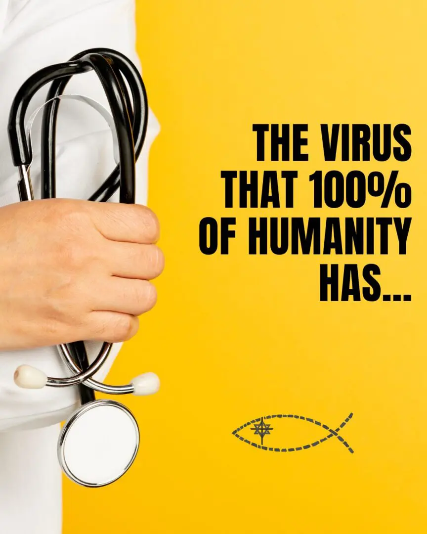 A doctor holding a stethoscope against a yellow background with text about the inclusivity of the gospel.