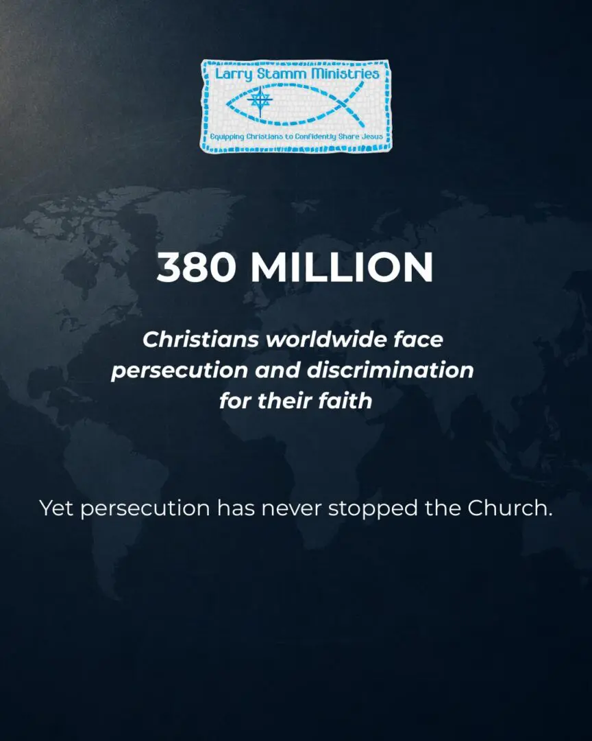 Infographic from Larry Stamm Ministries stating that 380 million Christians worldwide face persecution and discrimination for their faith, but noting that persecution has never stopped the Church