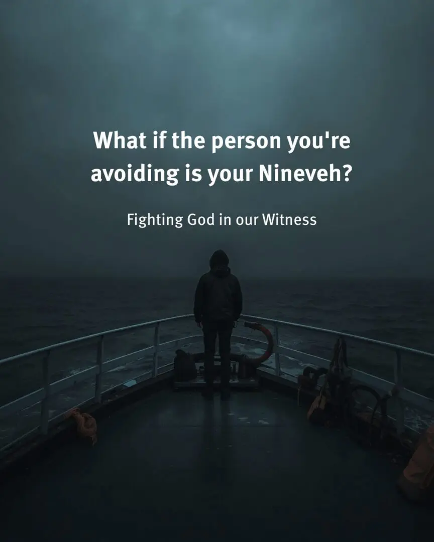 A person standing on the bow of a ship looking out at a dark, stormy sea, with text reading: What if the person you're avoiding is your Nineveh? Fighting God in our Witness