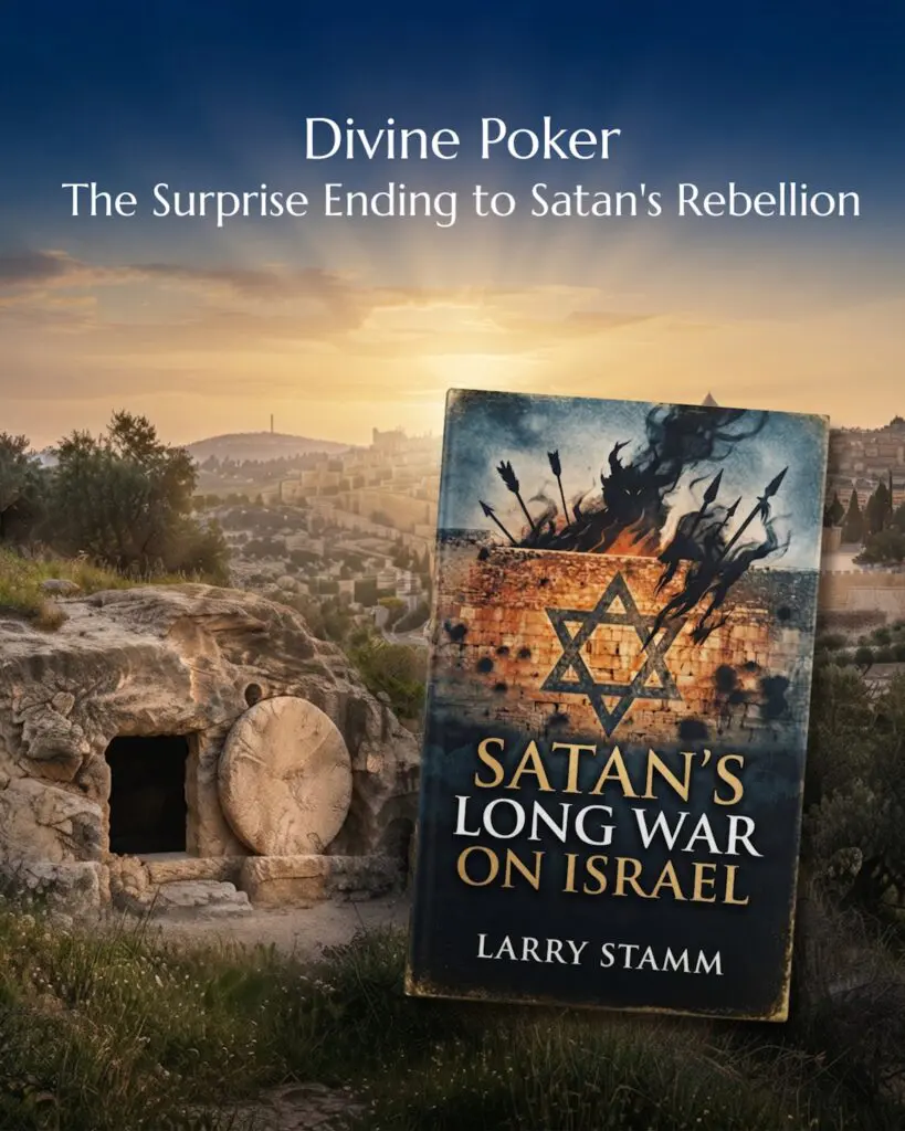 Empty tomb with the stone rolled away overlooking Jerusalem at sunrise, beside the book Satan's Long War on Israel by Larry Stamm
