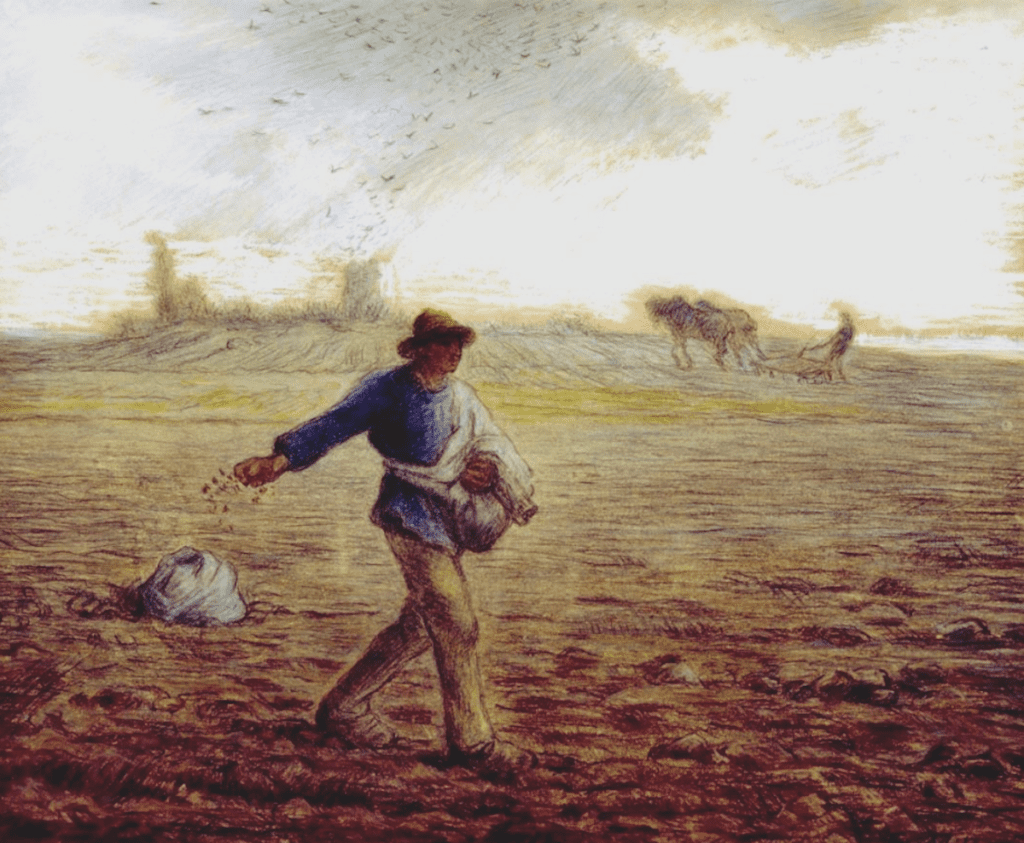 a painting of a farmer working on his field and spreading seeds
