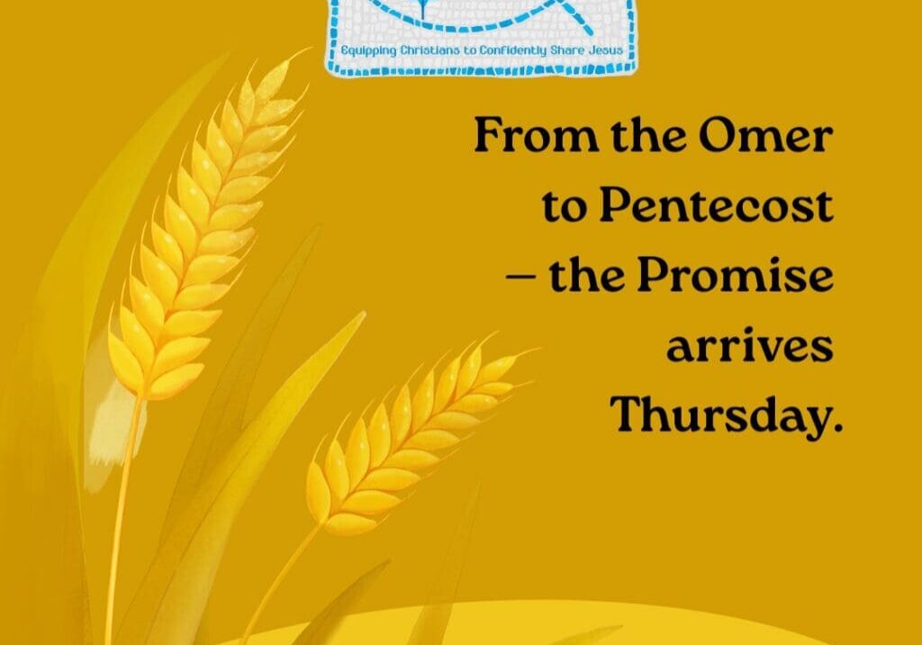 An illustration of golden wheat stalks with deep roots on a yellow background, representing the journey from the Omer to Shavuot.
