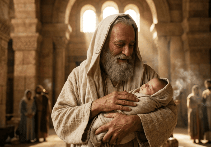 An elderly, bearded biblical man named Simeon smiling warmly and holding the infant Jesus wrapped in swaddling clothes inside an ancient stone temple.