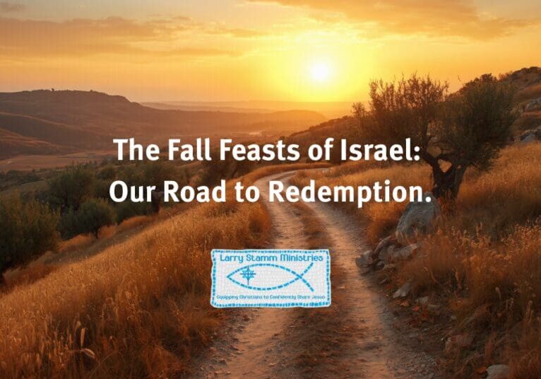 Scenic dirt path winding through a grassy hillside at sunset, with text reading The Fall Feasts of Israel: Our Road to Redemption by Larry Stamm Ministries.
