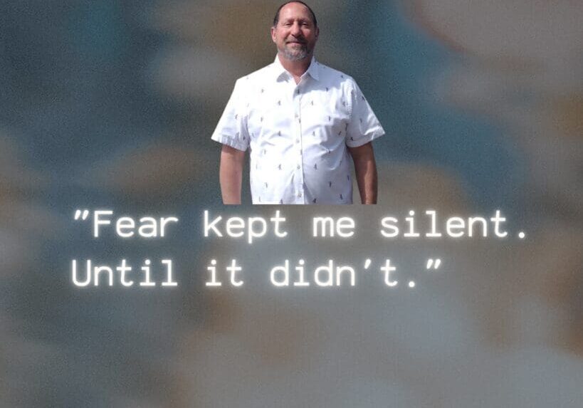 A portrait of Larry Stamm centered above the quote, "Fear kept me silent. Until it didn't." The background features a soft, textured blend of blue, brown, and gray tones. At the bottom is a white, dashed-line graphic of a fish containing a Star of David.