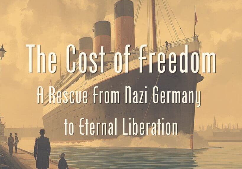 Graphic of a historic ocean liner ship at a port with a father and young child, titled The Cost of Freedom: A Rescue From Nazi Germany to Eternal Liberation.