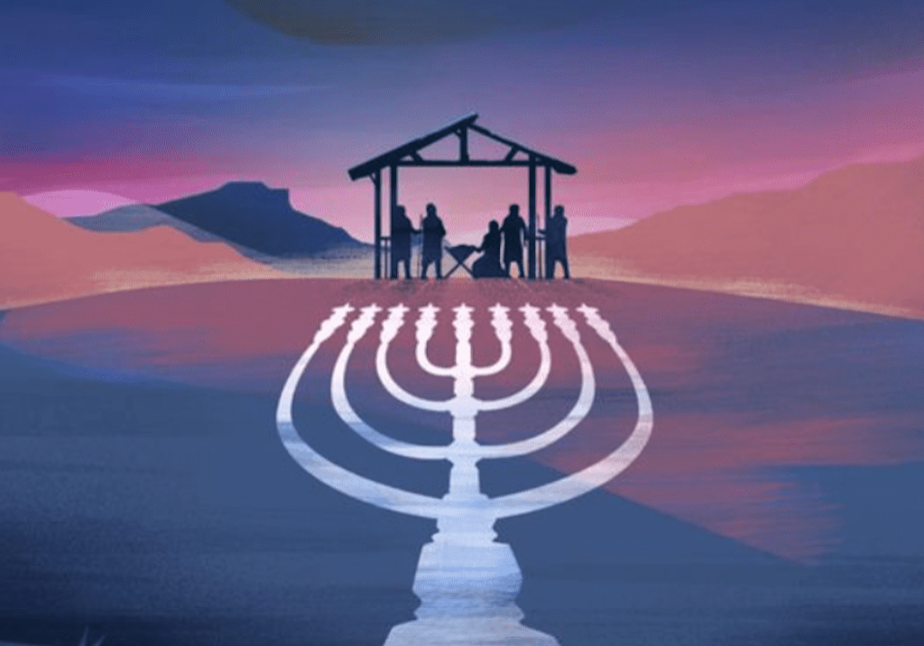 An illustration of a menorah in the middle of a desert.