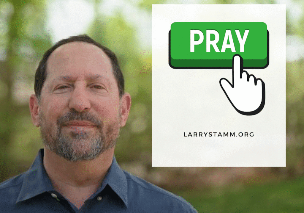 Man outdoors with "Pray" button graphic.
