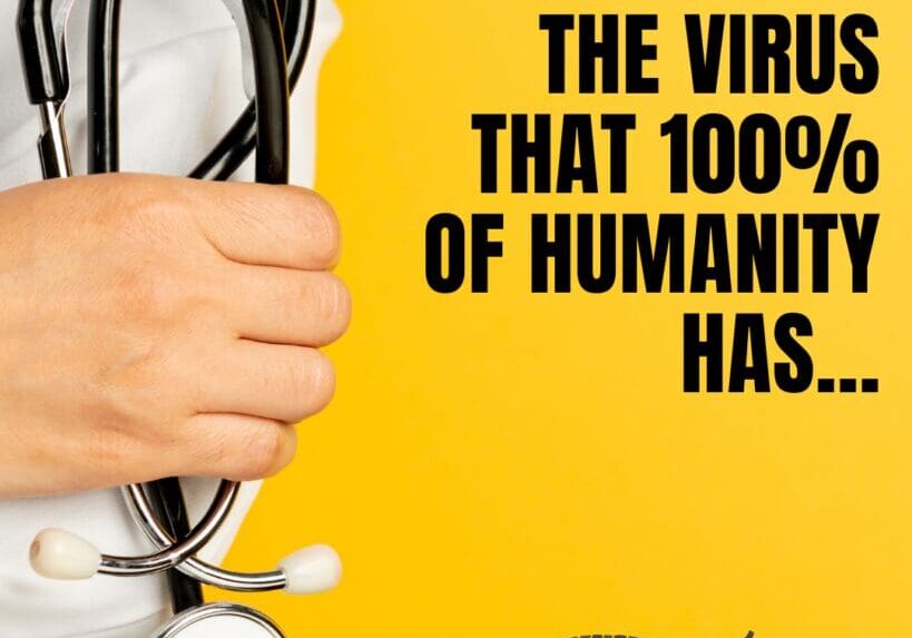 A doctor holding a stethoscope against a yellow background with text about the inclusivity of the gospel.