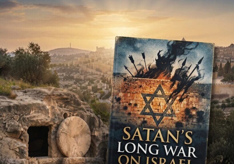 Empty tomb with the stone rolled away overlooking Jerusalem at sunrise, beside the book Satan's Long War on Israel by Larry Stamm