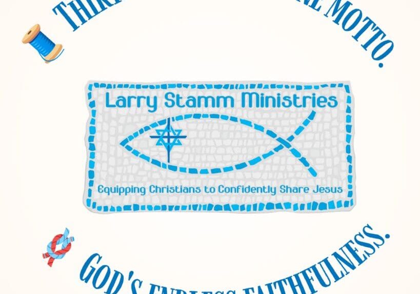 arry Stamm Ministries graphic celebrating thirteen years with the motto: God's endless faithfulness, featuring a stitched Christian fish symbol and sewing theme elements.